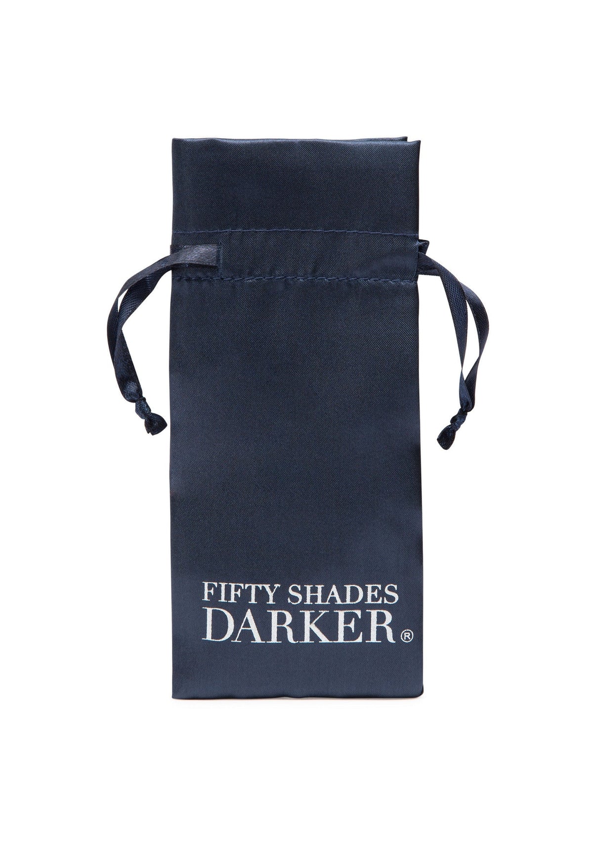 Donkerblauw opbergzakje met trekkoorden en Fifty Shades Darker merk op voorzijde