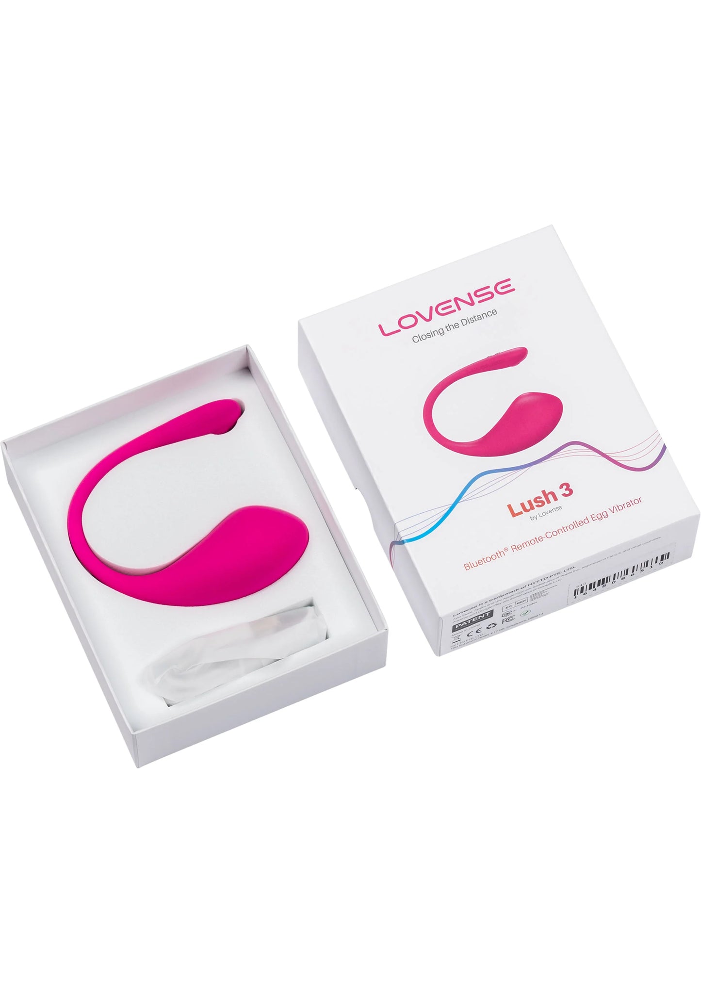 Roze Lovesense Lush 3 vibrator in verpakking, gebogen vorm