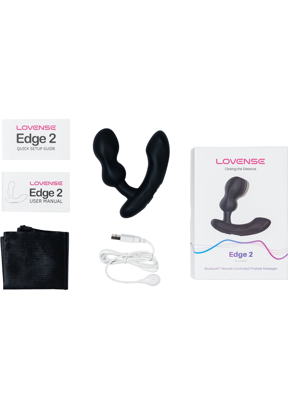 Lovesense Edge 2 inhoudset: zwart apparaat, kabel, opbergzak en handleiding
