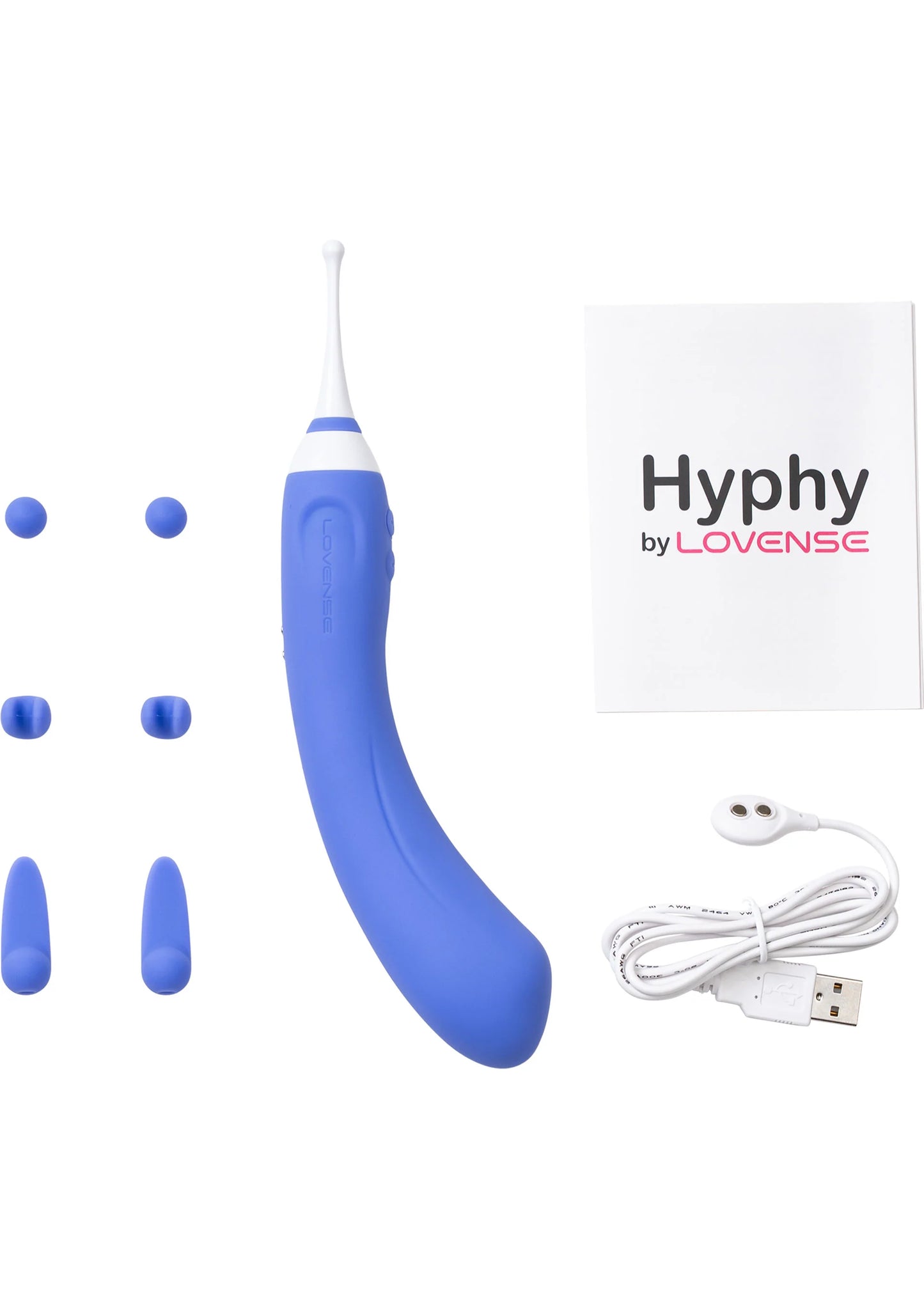 Hyphy-vibrator met USB-kabel en doos, met meerdere kleine onderdelen in beeld.