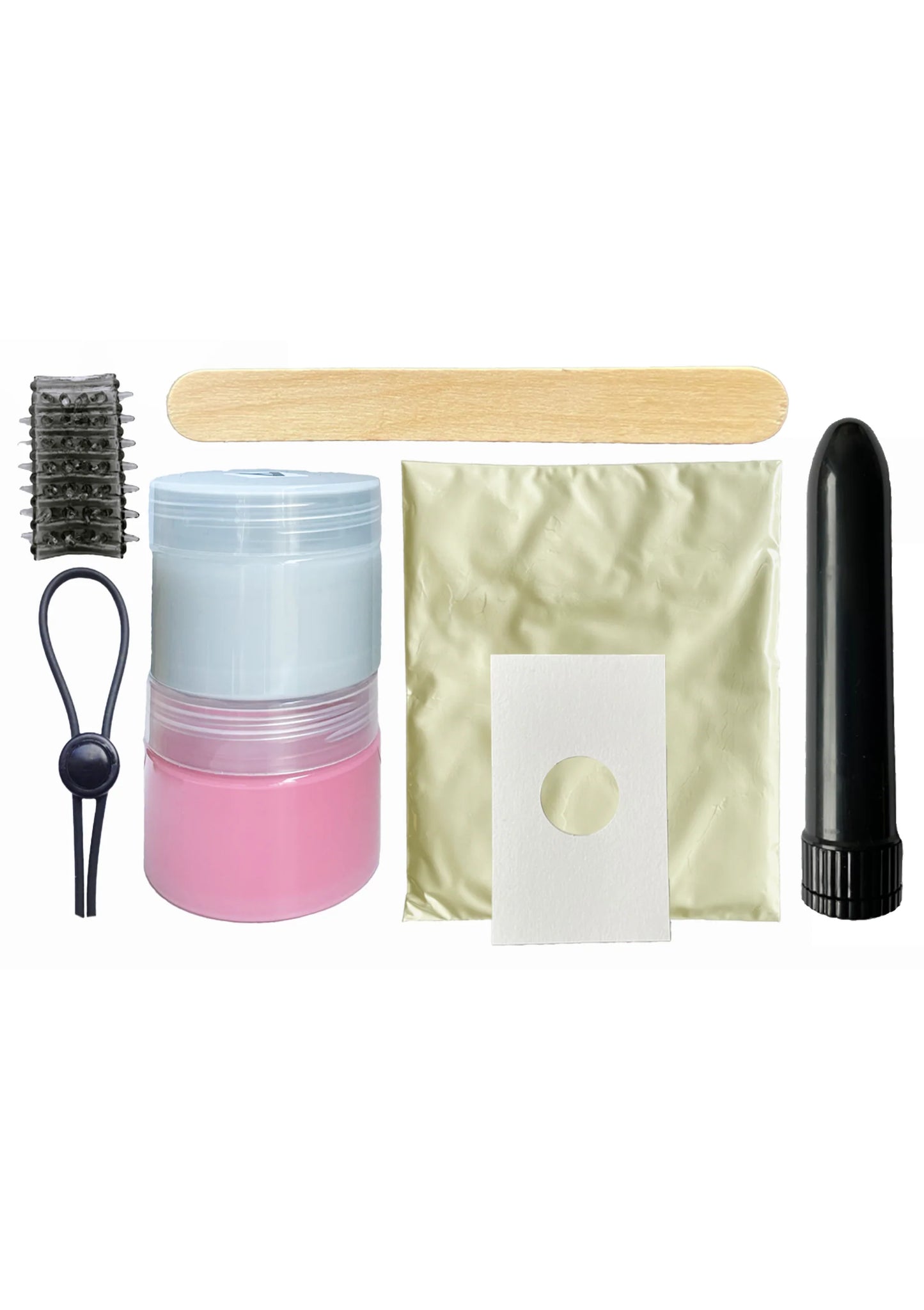 Vibratorset: zwarte vibrator, roze gelpot, beige malzak, houten staaf en accessoires
