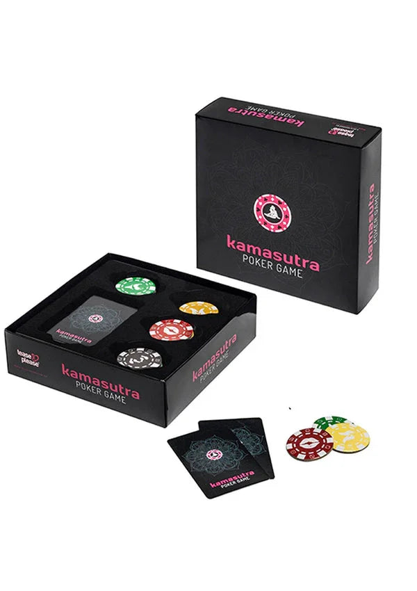 Kamasutra pokerspel set met zwarte doos, pokerschips en kaarten in lade