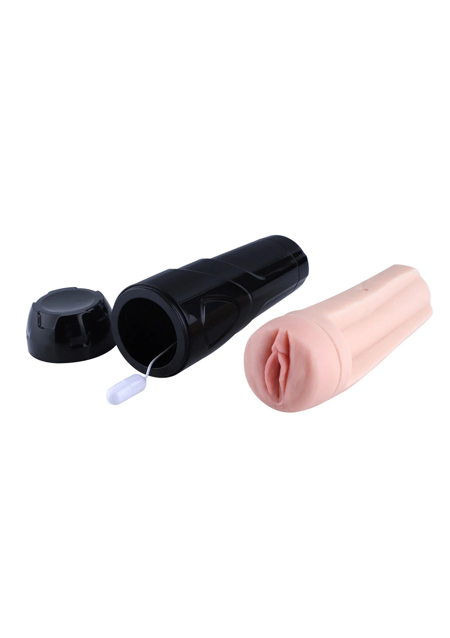 Set: zwarte vibrator-masturbator, kapje, roze inzet en netsnoer