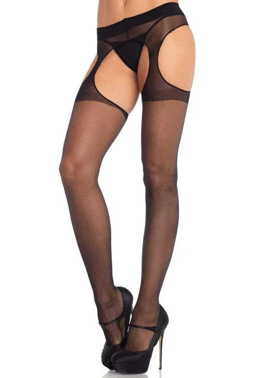 Zwarte sheer panty met jarretelbandjes en kruisende bandjes bij taille