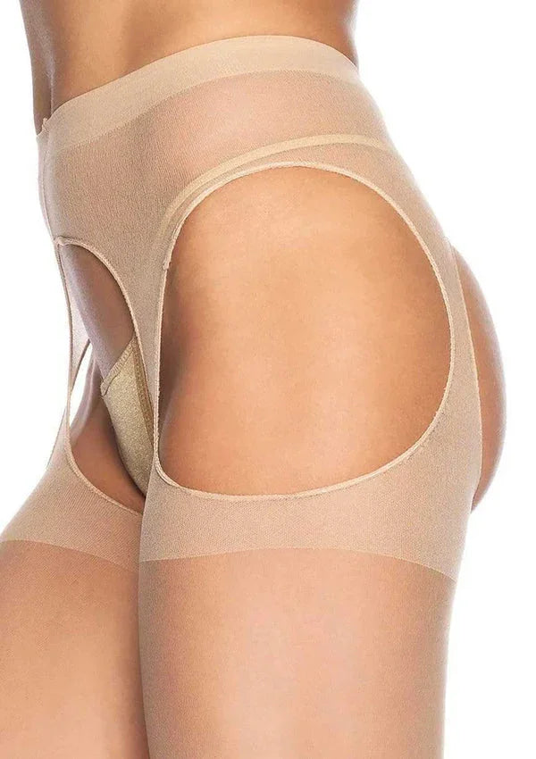 Nude sheer panty met jarretelband en ronde uitsparing op het bovenbeen