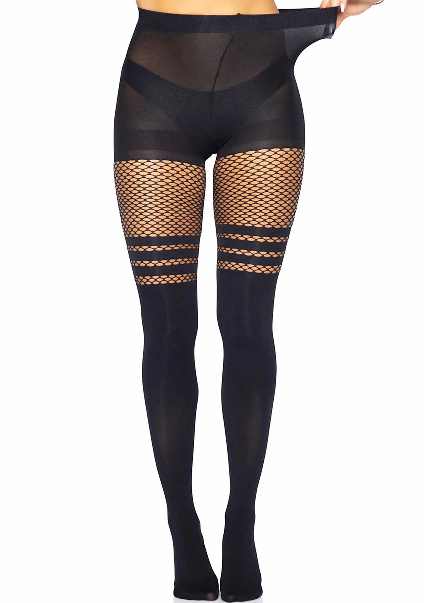 Zwarte panty met transparant mesh bovenstuk en fishnet strepen op de dijen