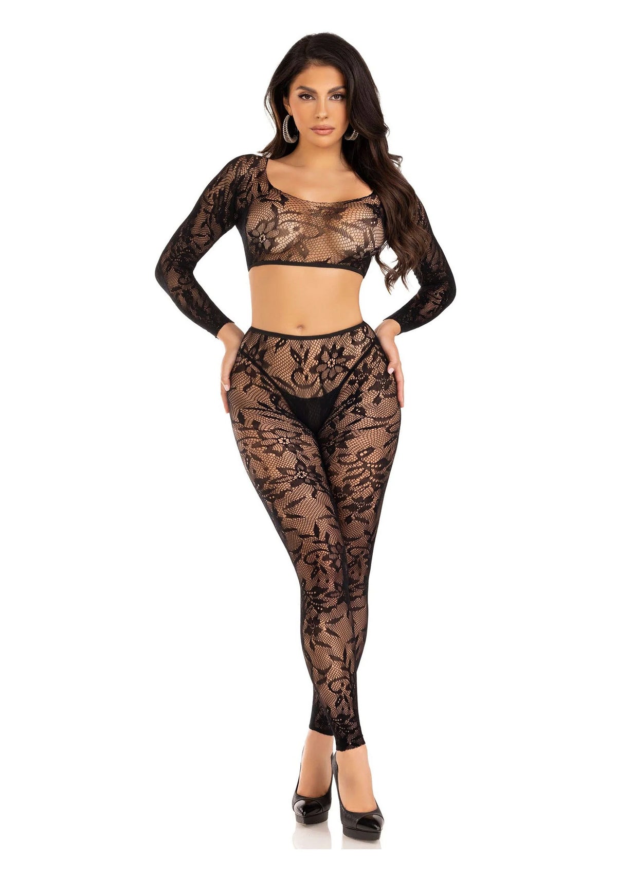 Zwarte crop-top met vierkante hals en voetloze panty met kantslangenprint