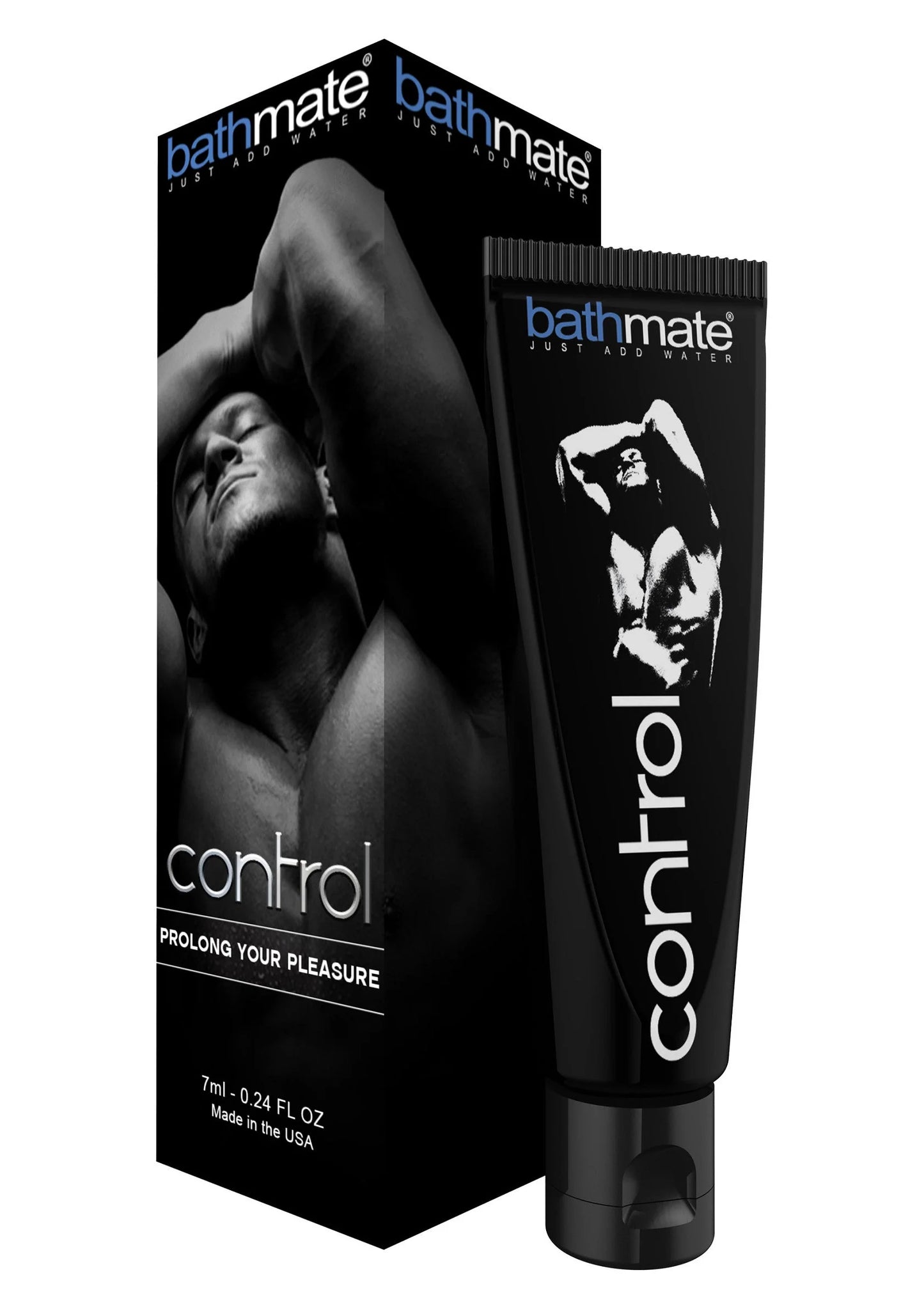 Bathmate Control doos en tube: zwarte verpakking met modelillustratie
