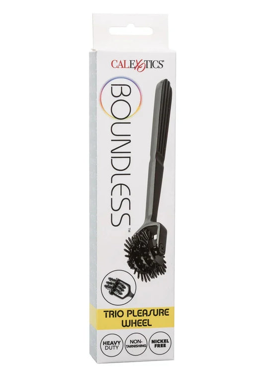 CalExotics Trio Pleasure Wheel verpakking met zwarte draaiborstel op handgreep.