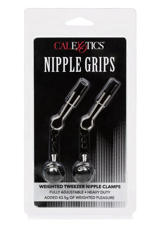 CalExotics Nipple Grips verpakking met twee gewogen nippelklemmen