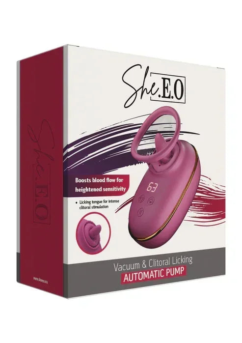 Verpakkingsdoos She.E.O. automatische vacuüm clitorale likpomp met roze apparaat