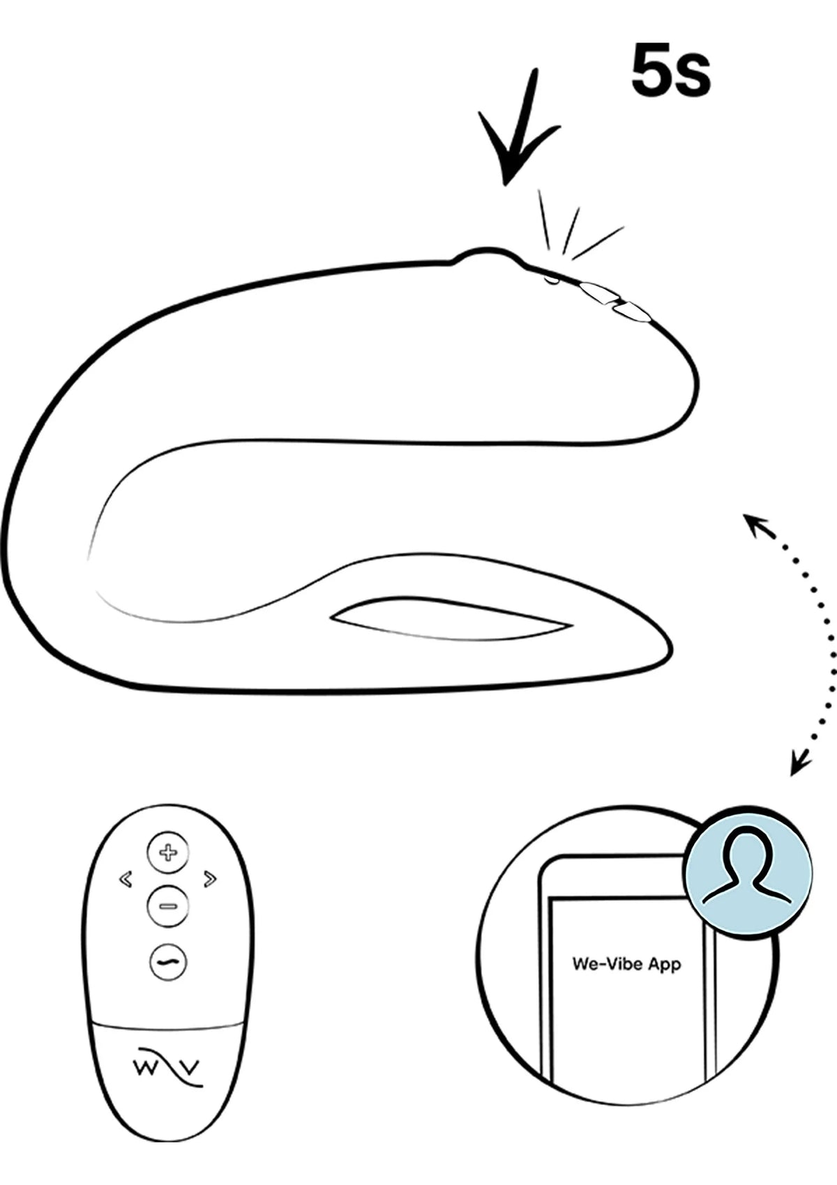 Diagram van O-vibrator met 5s-bediening en app-icoon