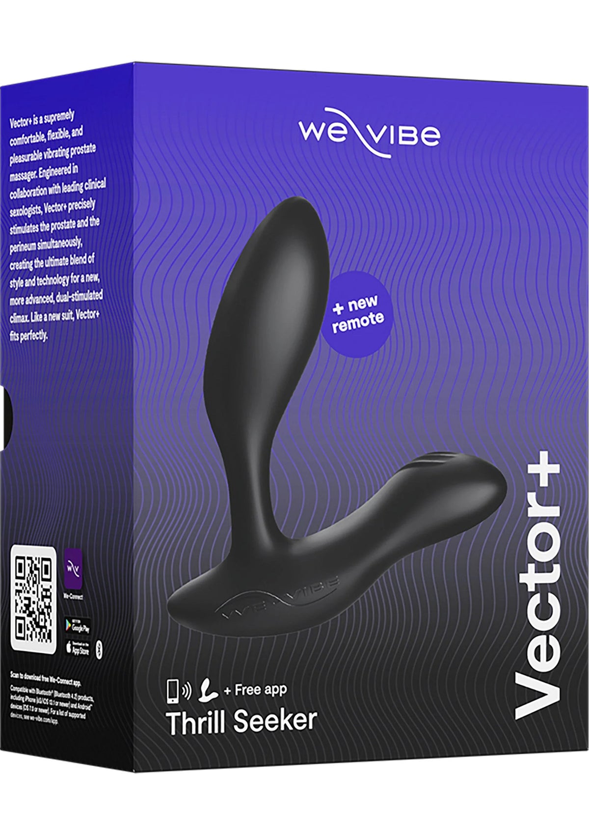 Verpakking van Vector+ van We-Vibe met afbeelding van een anale vibrator en afstandsbediening.