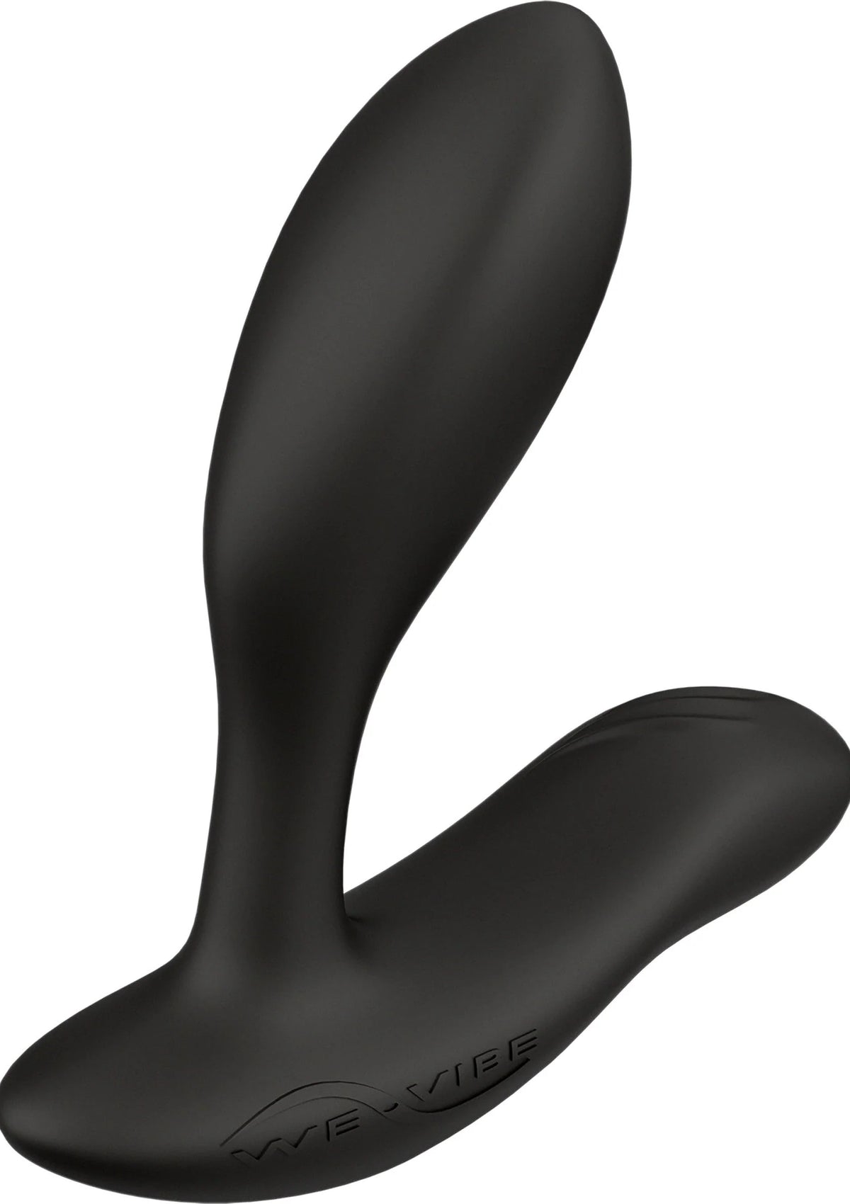 We-Vibe Vector + vibrerende plug in matzwart, plat gebogen uiteinde en brede basis.