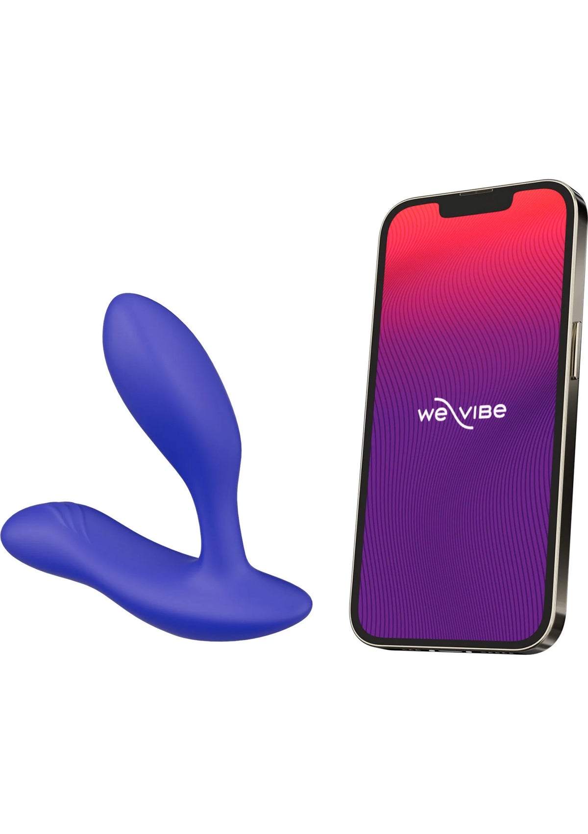 Blauwe U-vormige anale vibrator van siliconen, met ronde flens en gebogen armen.