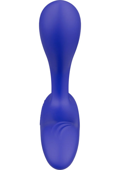 We-Vibe Vector + vibrerende plug in marineblauw, korte brede vorm met afgeronde basis.