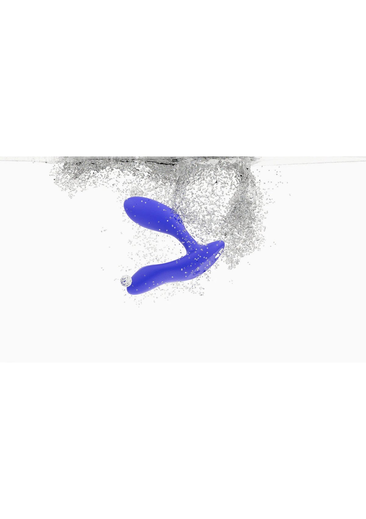 Marineblauwe We-Vibe Vector + vibrerende plug met waterdruppels rond het uiteinde.