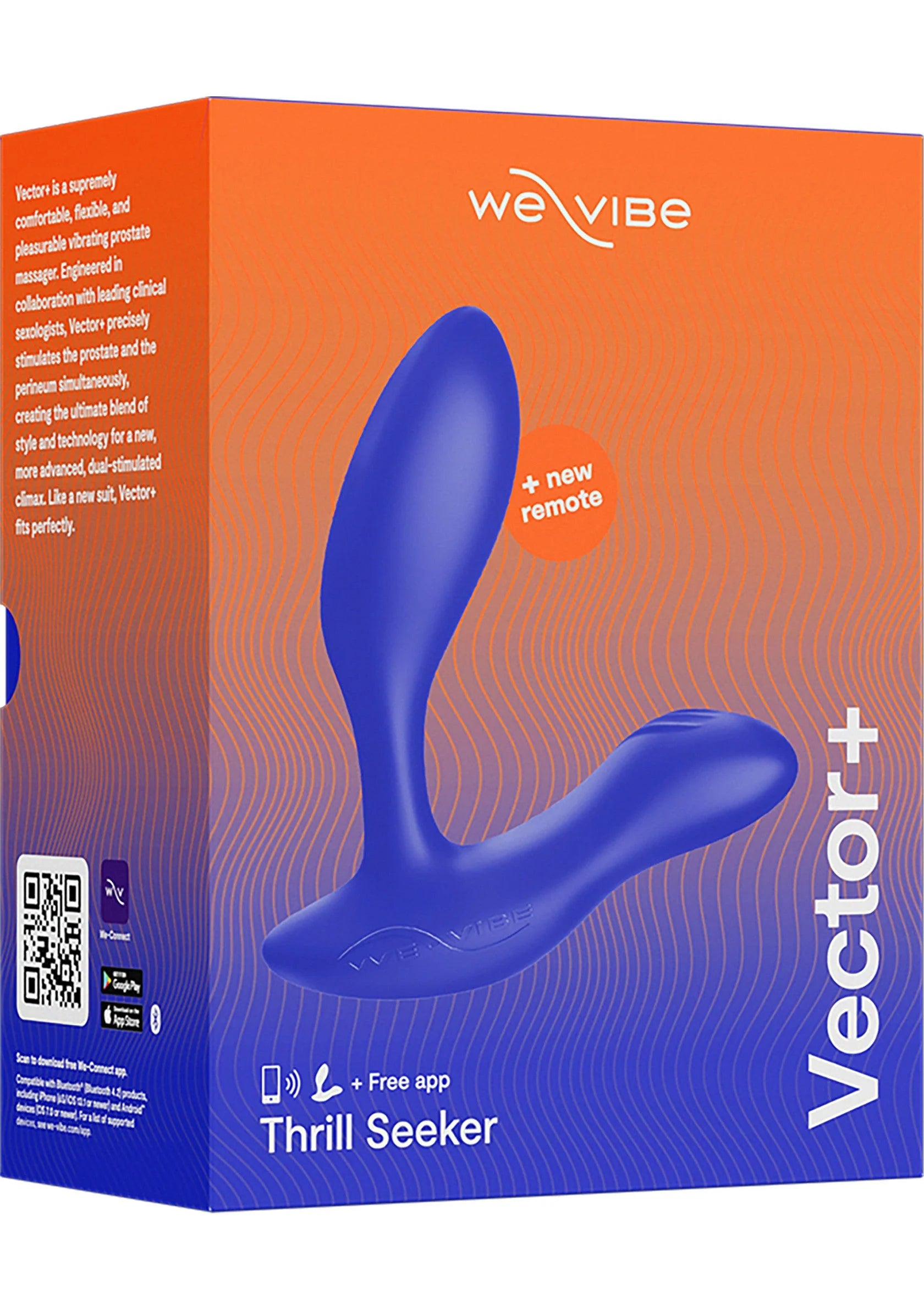 Vector + seksspeeltje van We-Vibe verpakking met marineblauwe plug