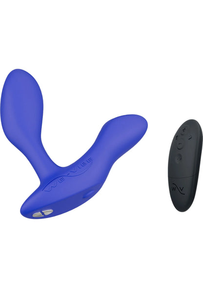 We-Vibe Vector + marineblauwe vibrerende plug en zwarte afstandsbediening samen afgebeeld.
