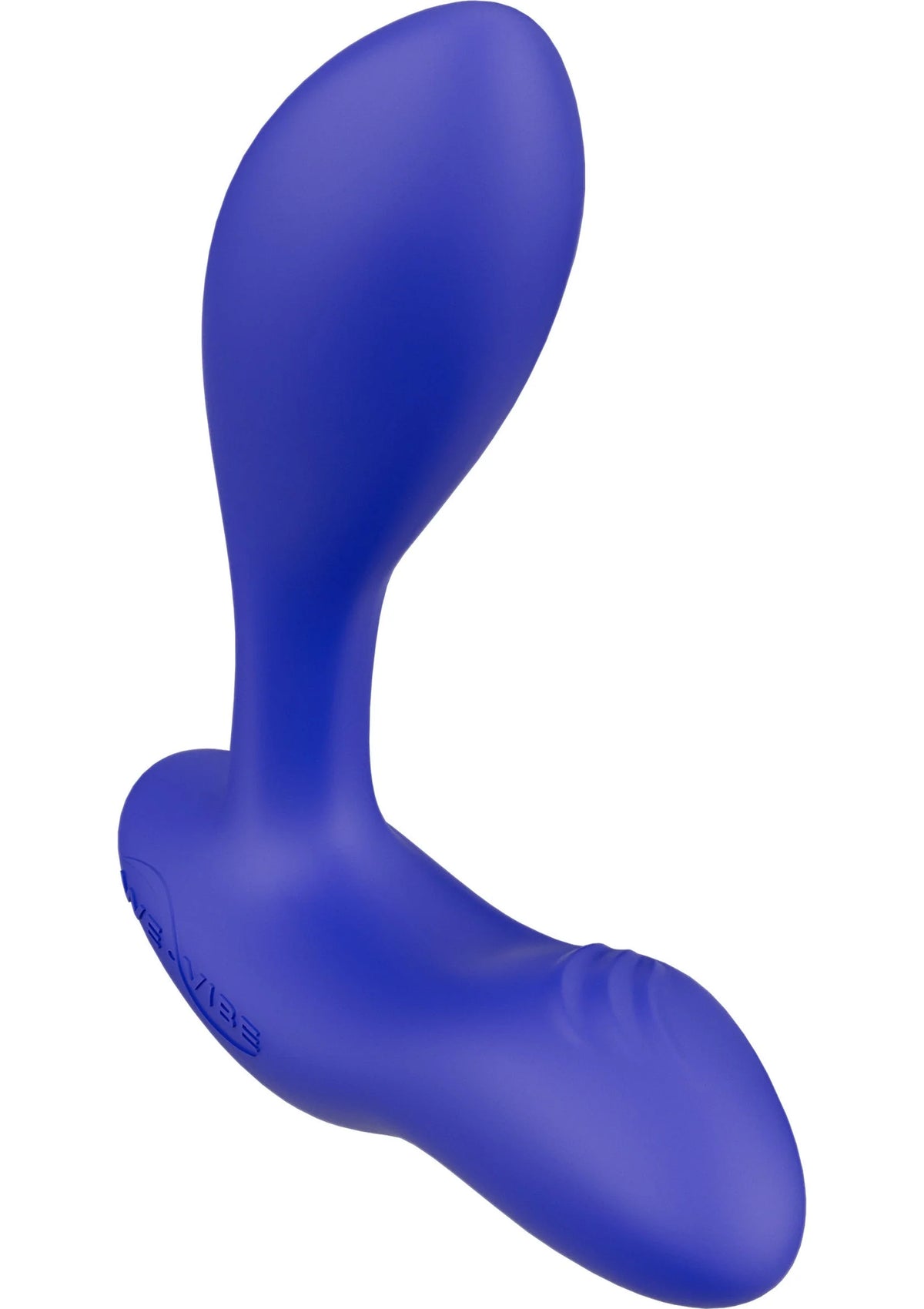 Blauwe anale vibrator met brede voet en rond taps uiteinde, glad en stevig.