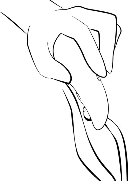 Lijntekening: hand houdt handvibrator vast met ovale kop