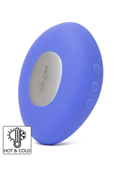 blauwe vibrator met warm/koud pictogram en grijs weVibe-logo, close-up