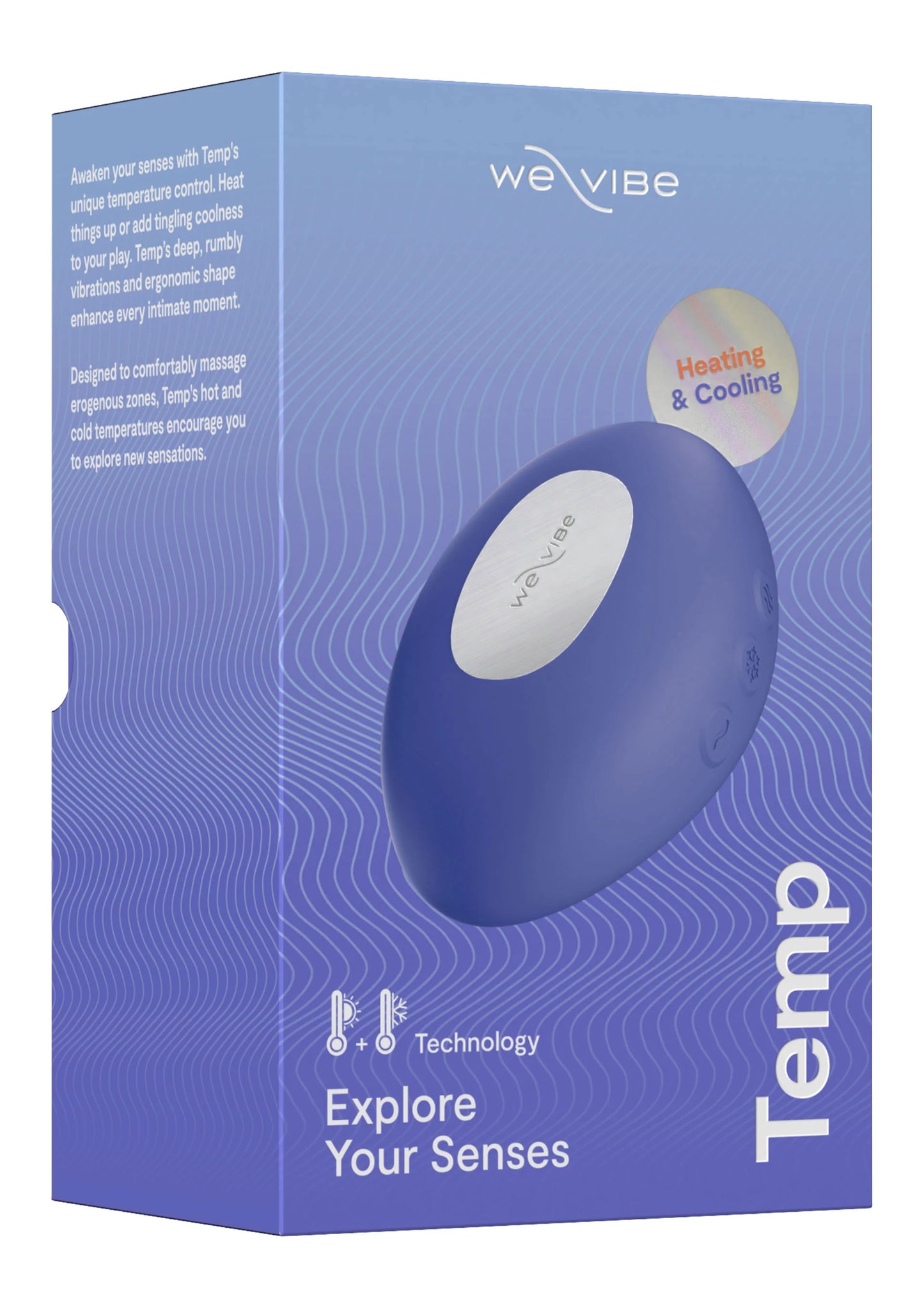 blauwe Temp verpakking met weVibe-logo en ovale vibrator in doos
