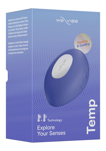 blauwe Temp verpakking met weVibe-logo en ovale vibrator in doos