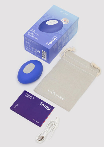 set met blauwe vibrator, doos, opbergtasje en USB-kabel