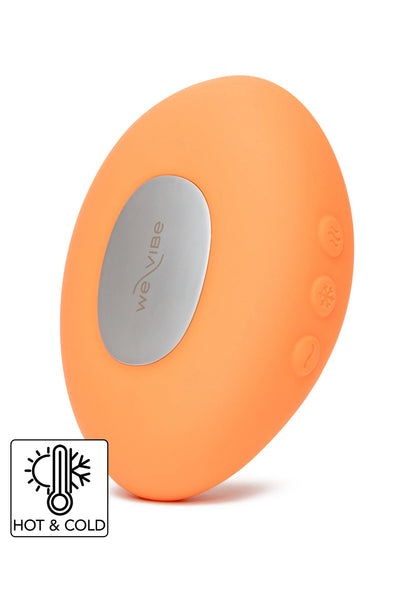Oranje ovaal We-Vibe Temp apparaat met HOT & COLD label en temperatuur-icoon