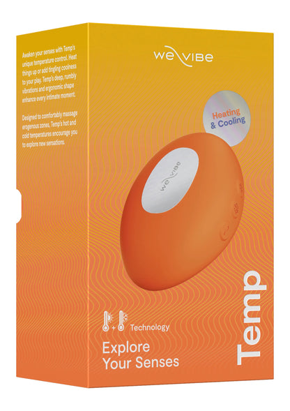 Oranje Temp massagerverpakking met weVIBE logo en warmte&koeling pictogram