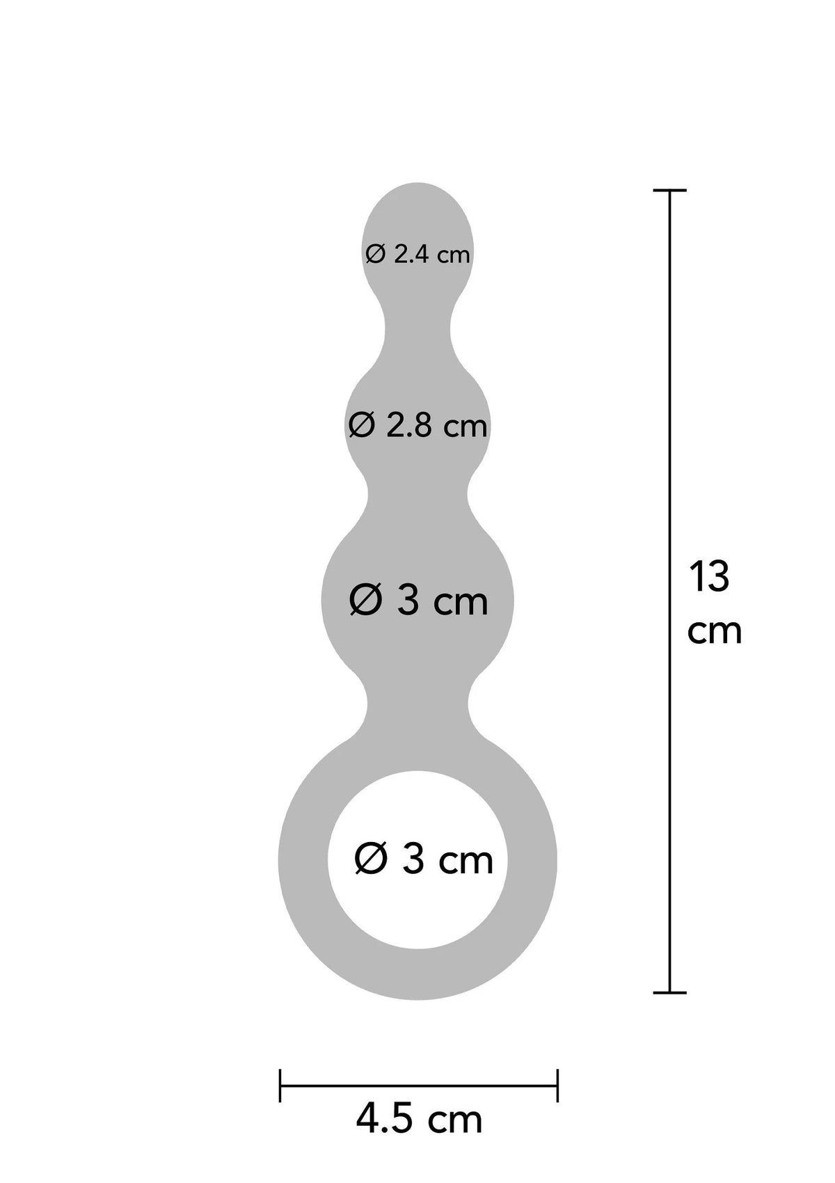 Afmetingen metalen grijze anale plug: 13 cm lang, ø 2,8/3/3 cm