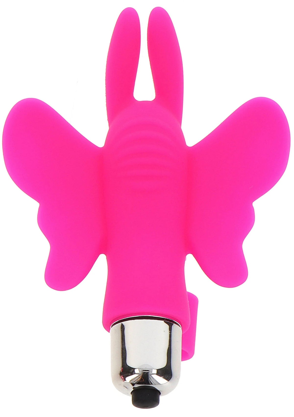 Roze vlindervormige vingervibrator met geribbelde middenlus en zilveren metalen tip