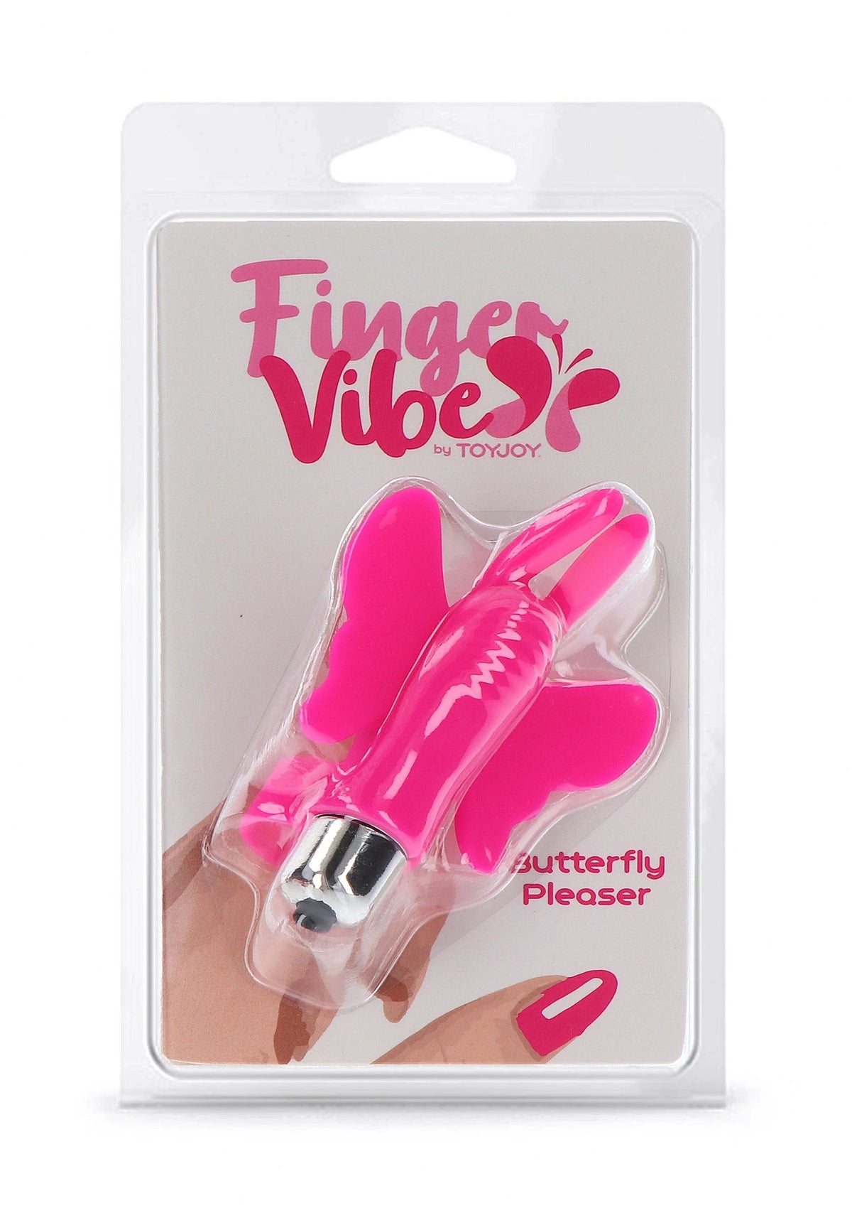 Roze vlindervormige vingervibrator in blisterverpakking met ToyJoy-merk