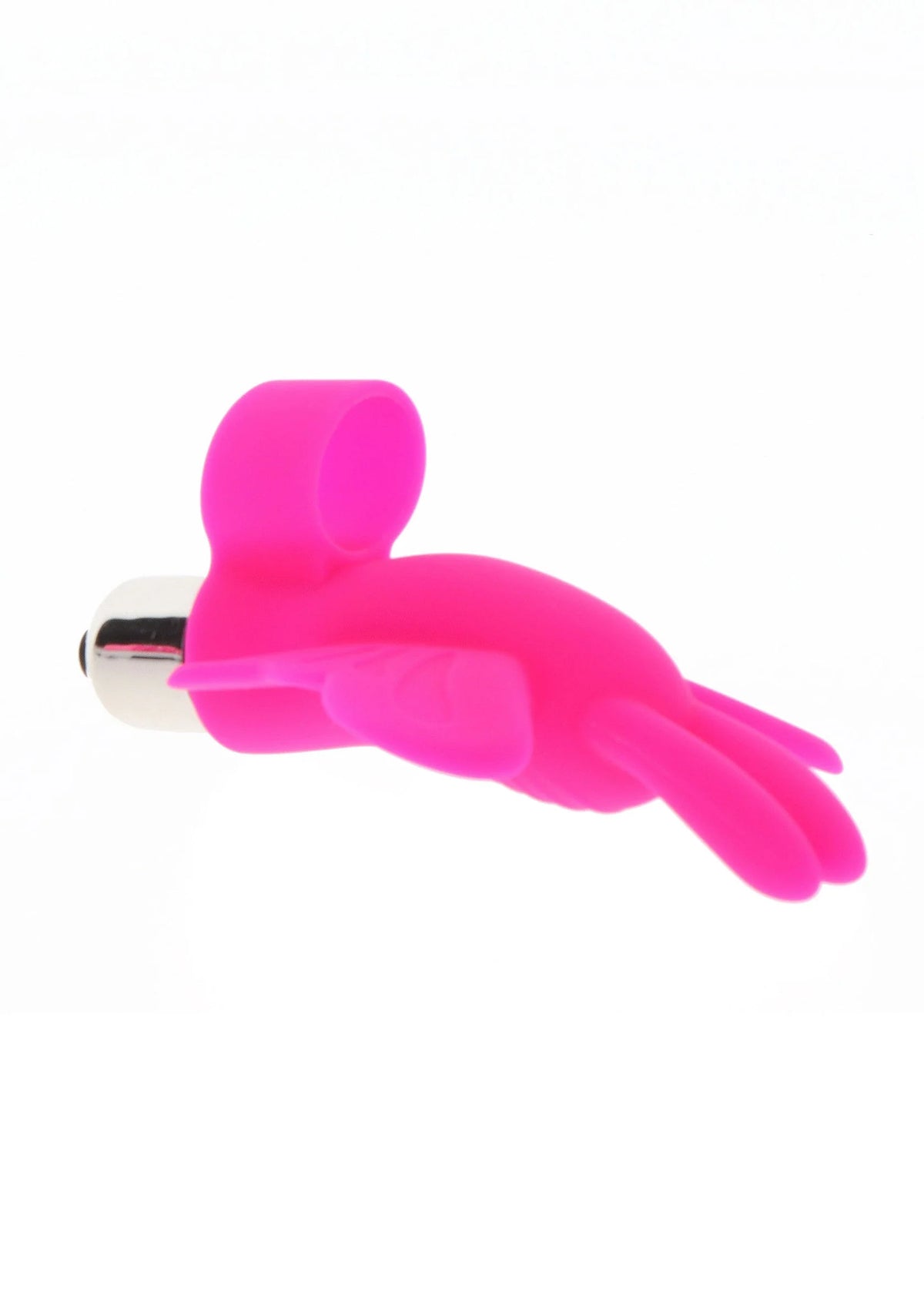 Roze vingervibrator met gebogen vleugels en zilveren metalen tip aan de zijkant
