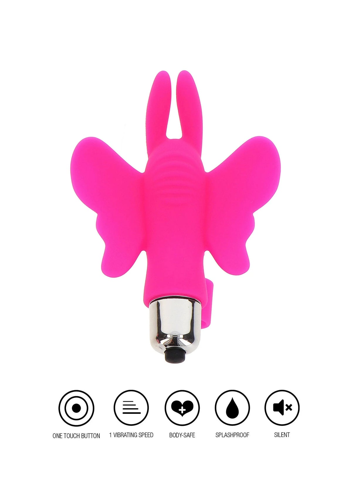 Vlinder-vingervibrator in fuchsia, met metalen kop en open vleugels