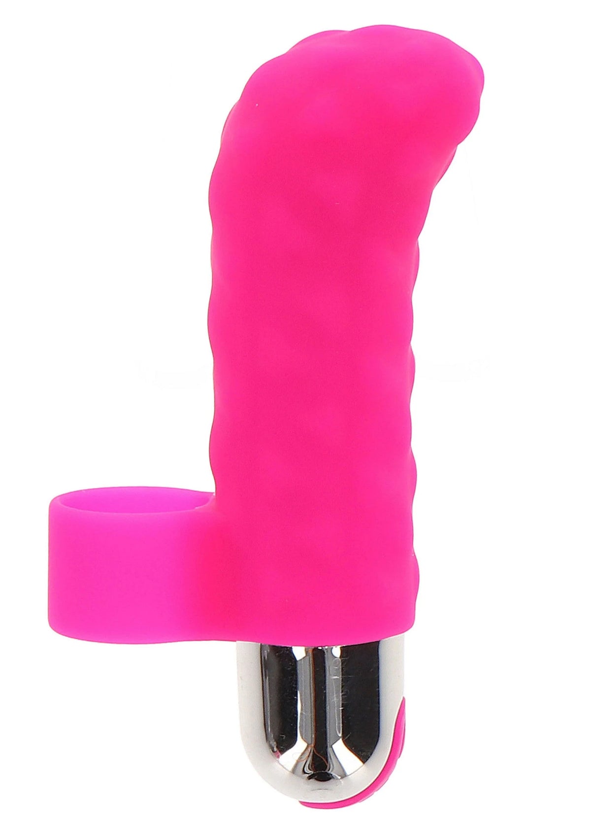 Vinger-vibrator met magenta siliconen omhulsel en glanzende metalen onderkant