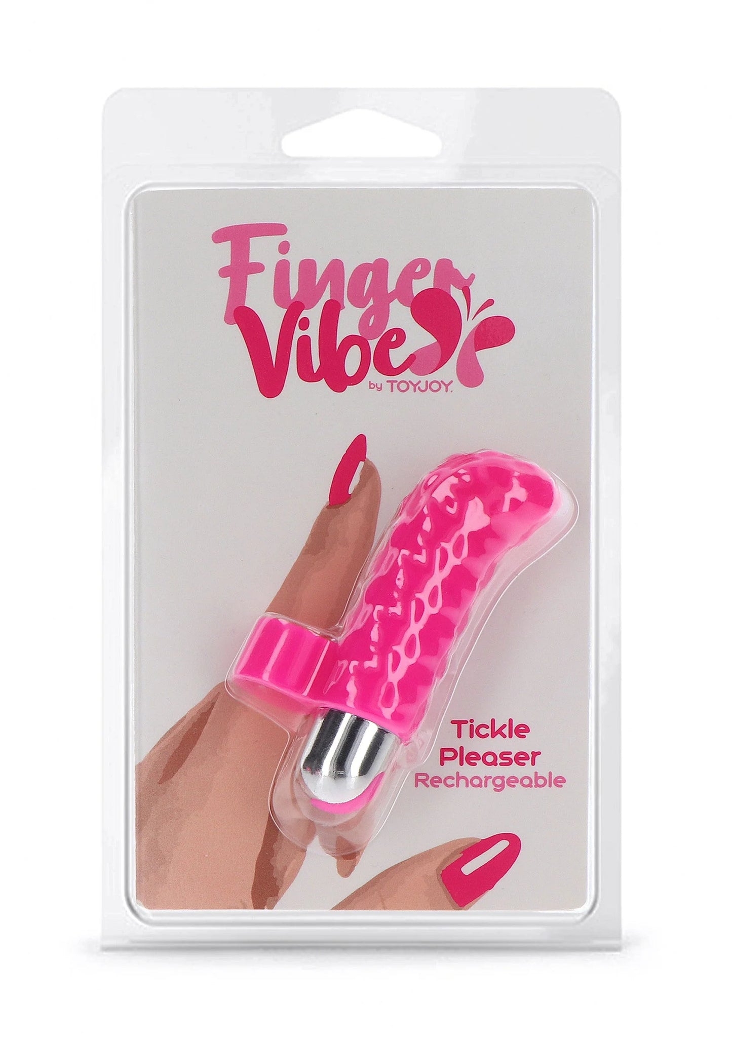 Verpakte Finger Vibe vinger-vibrator in magenta, herlaadbaar, met instructie-icoon