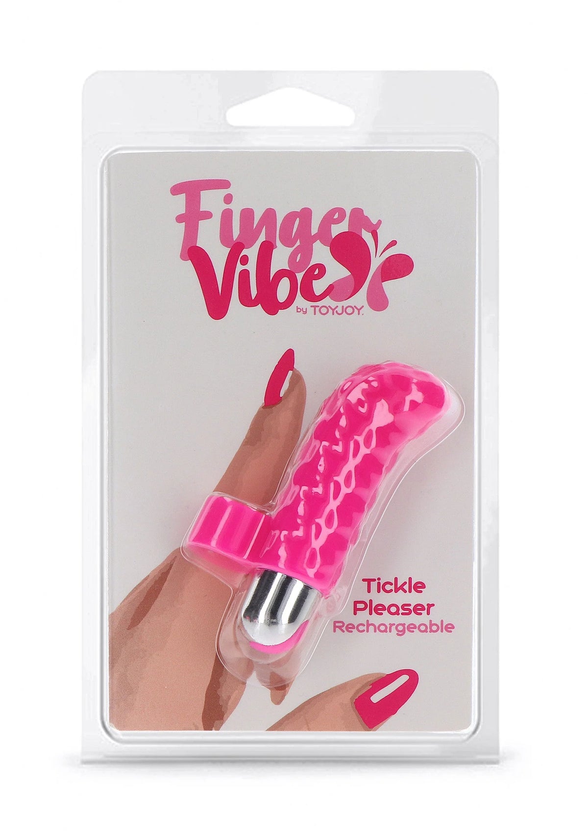 Verpakte Finger Vibe vinger-vibrator in magenta, herlaadbaar, met instructie-icoon