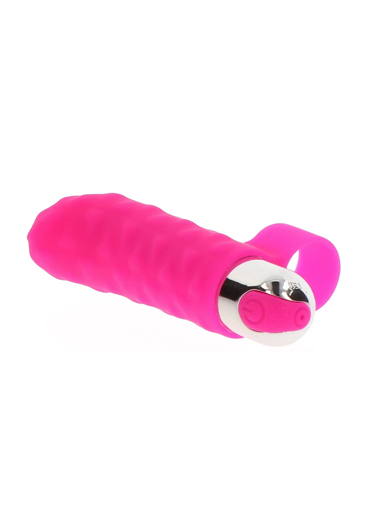 Vinger-vibrator zijaanzicht met magenta siliconen en ronde roze bedieningsknop