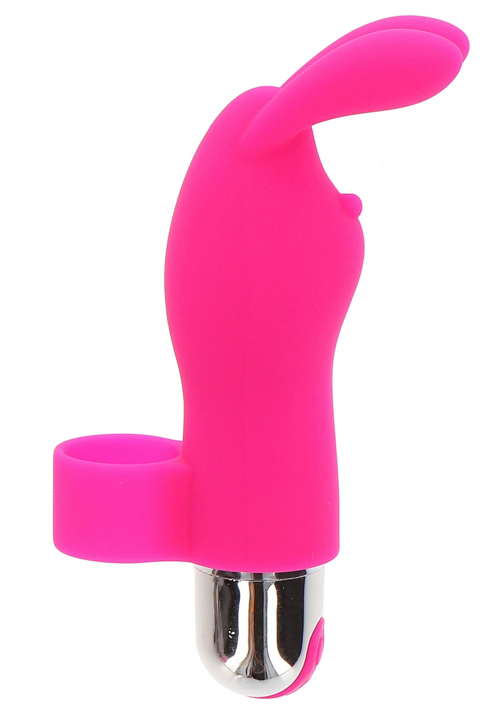 Roze konijn-vibrator voor een vinger met zilveren metalen onderkant.