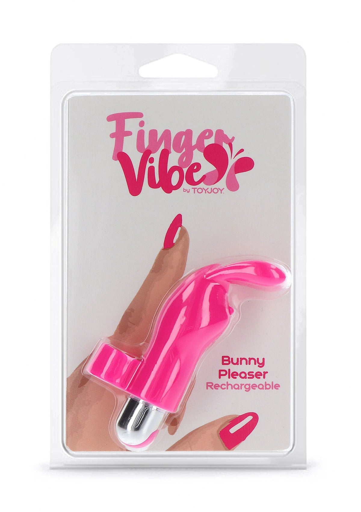 Doosverpakking van roze konijn-vibrator voor vinger, oplaadbaar.