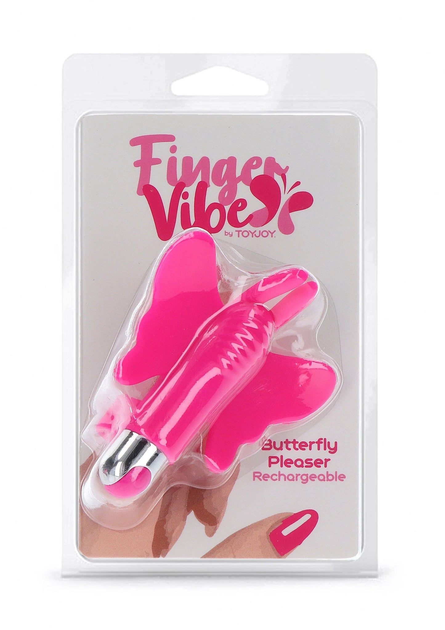 Blisterverpakking van fuchsia vlinder vinger-vibe, oplaadbaar product, met label