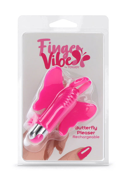 Blisterverpakking van fuchsia vlinder vinger-vibe, oplaadbaar product, met label