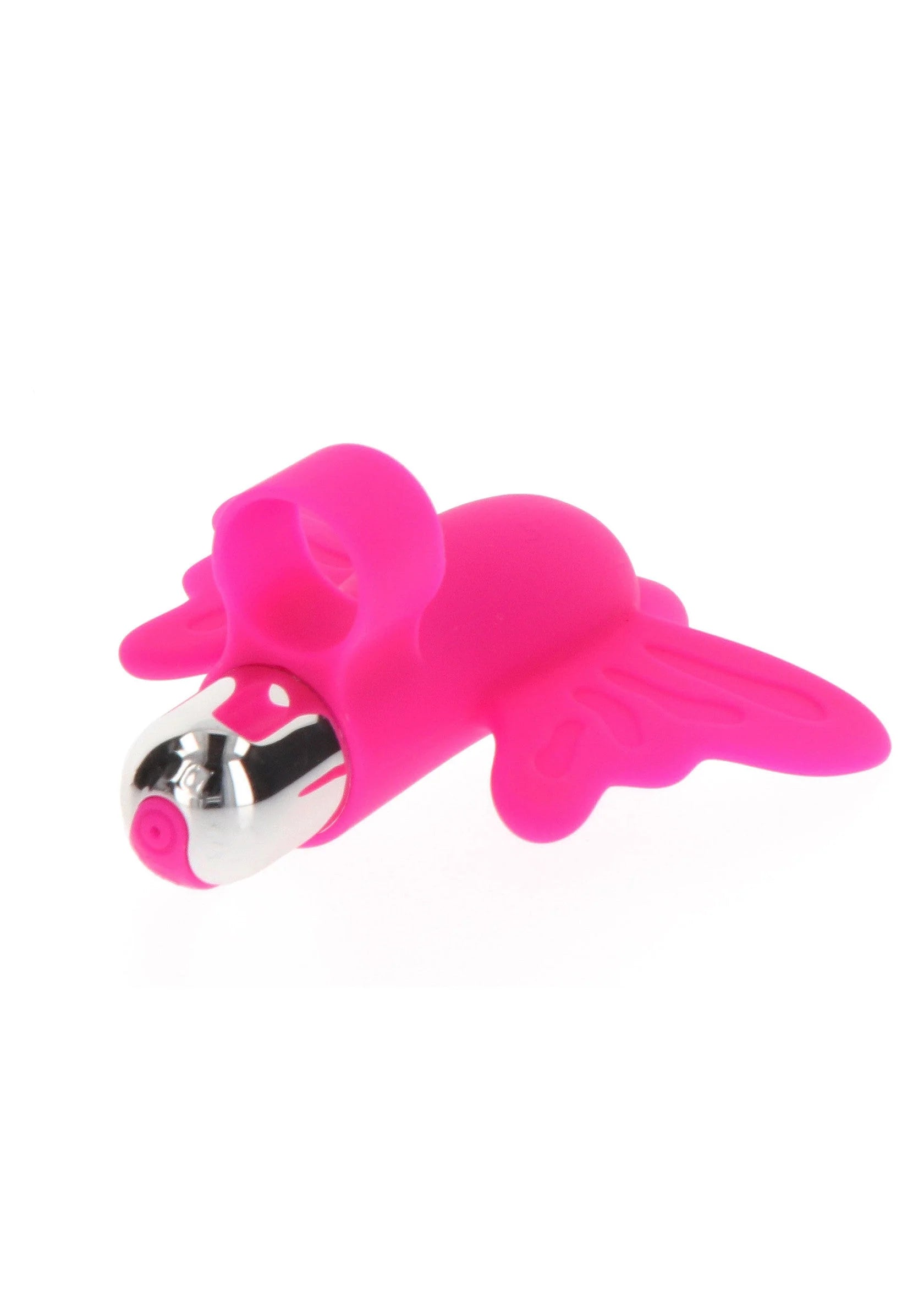 ToyJoy vlinder vinger-vibrator, roze fuchsia, zijdelingse kijk met metalen kopstuk