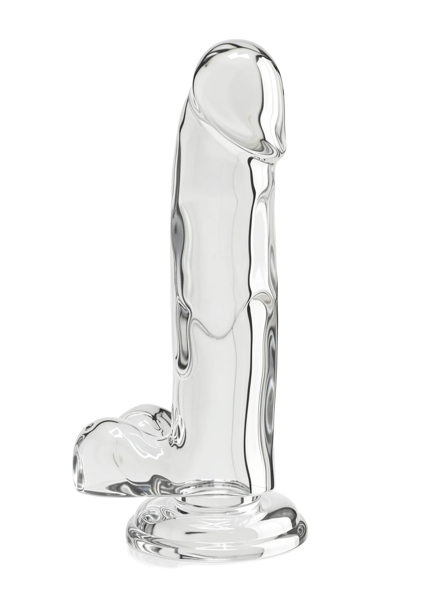 Transparante dildo met gebogen schacht en brede zuigvoet
