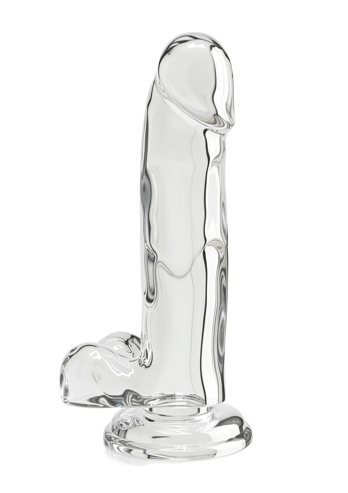 Transparante dildo met gebogen schacht en brede zuigvoet