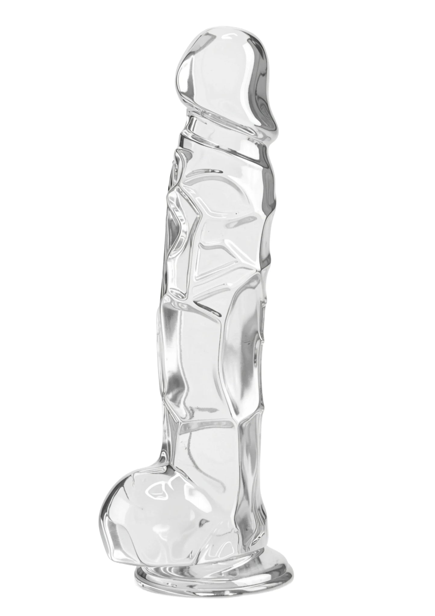 Transparante dildo, gebogen vorm met ronde kop en gestreepte reliëfdetails