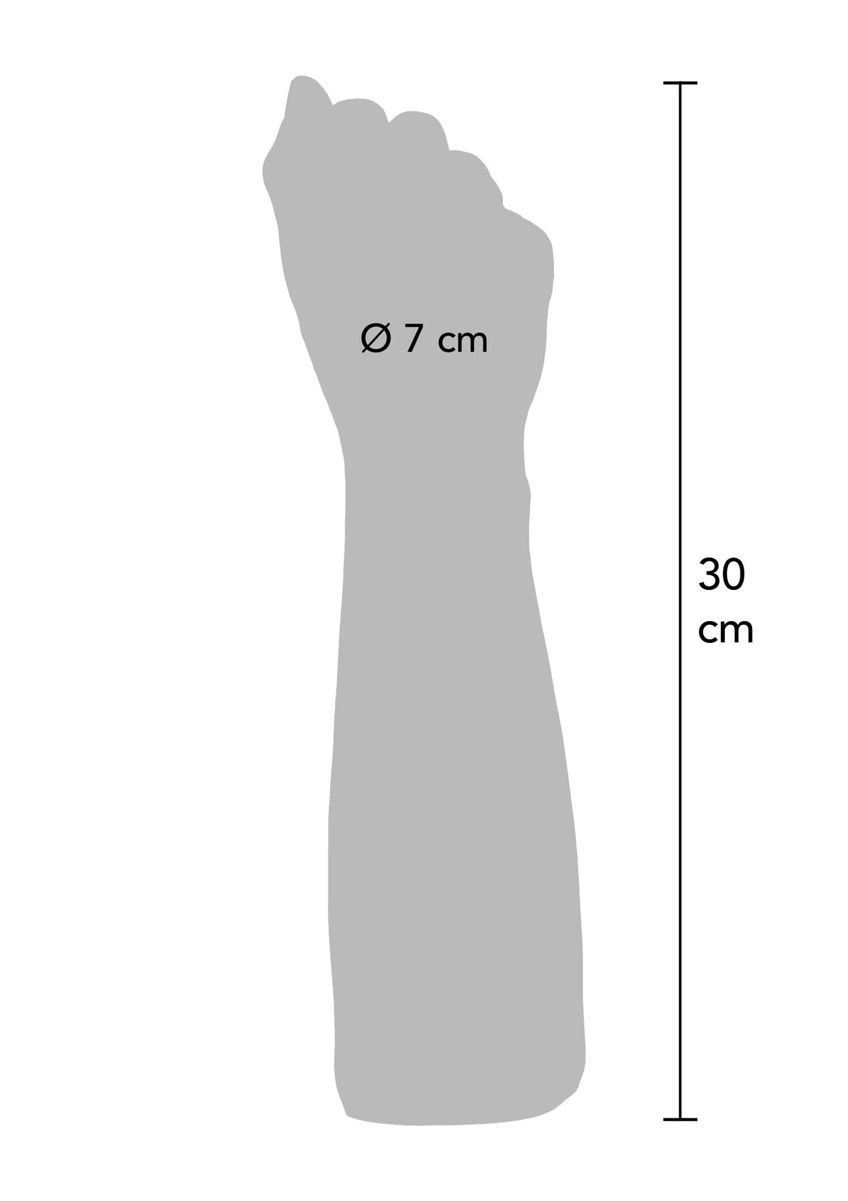 Vuistvormig seksspeeltje, Ø7 cm en 30 cm lengte (afbeelding met maat)