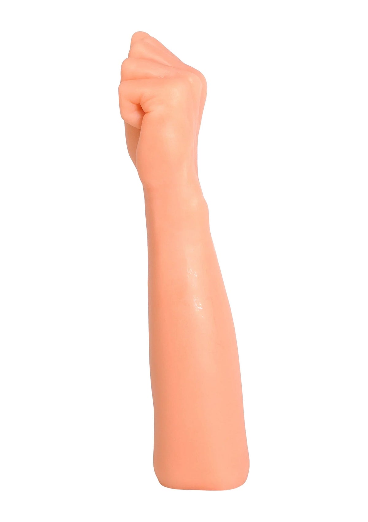 Huidkleurig vuistvormig seksspeeltje, zijdelingse close-up van hand